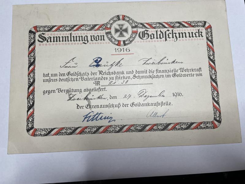 Urkunde Sammlung von Goldschmuck 1916 with medal in Eisernet zeit
