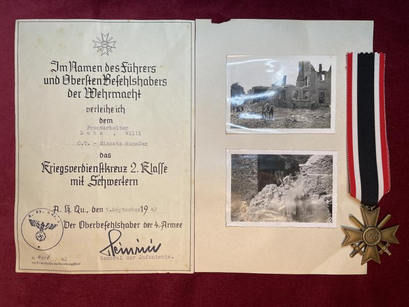 Charter signed by Gotthard Heinrici and 3rd Reich 2nd class war merit cross with swords 1939 and photo's from OT-Einsatzgruppen in Russia