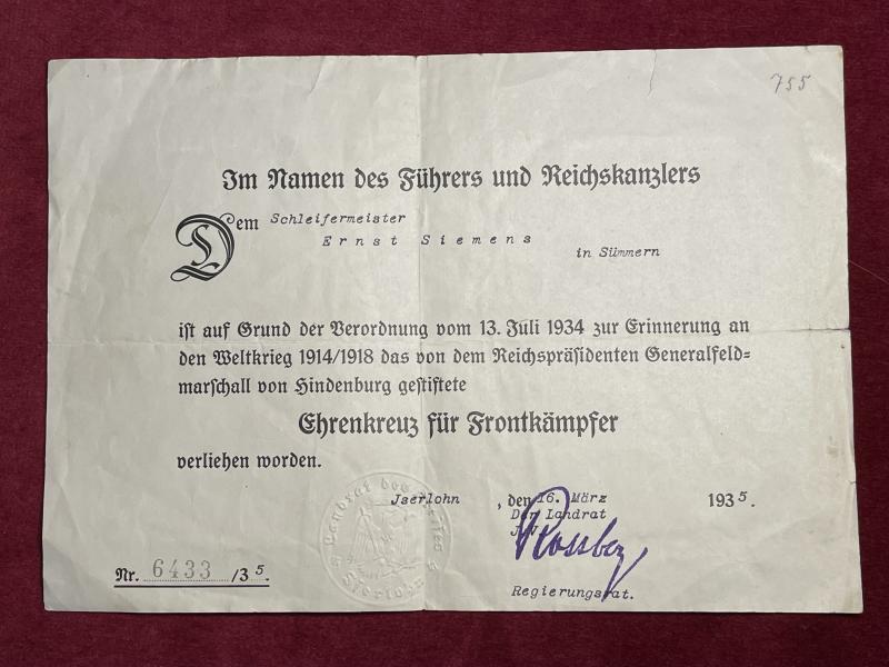 Award document Honour cross (Hindenburg Cross) for participants 1914-1918 with swords