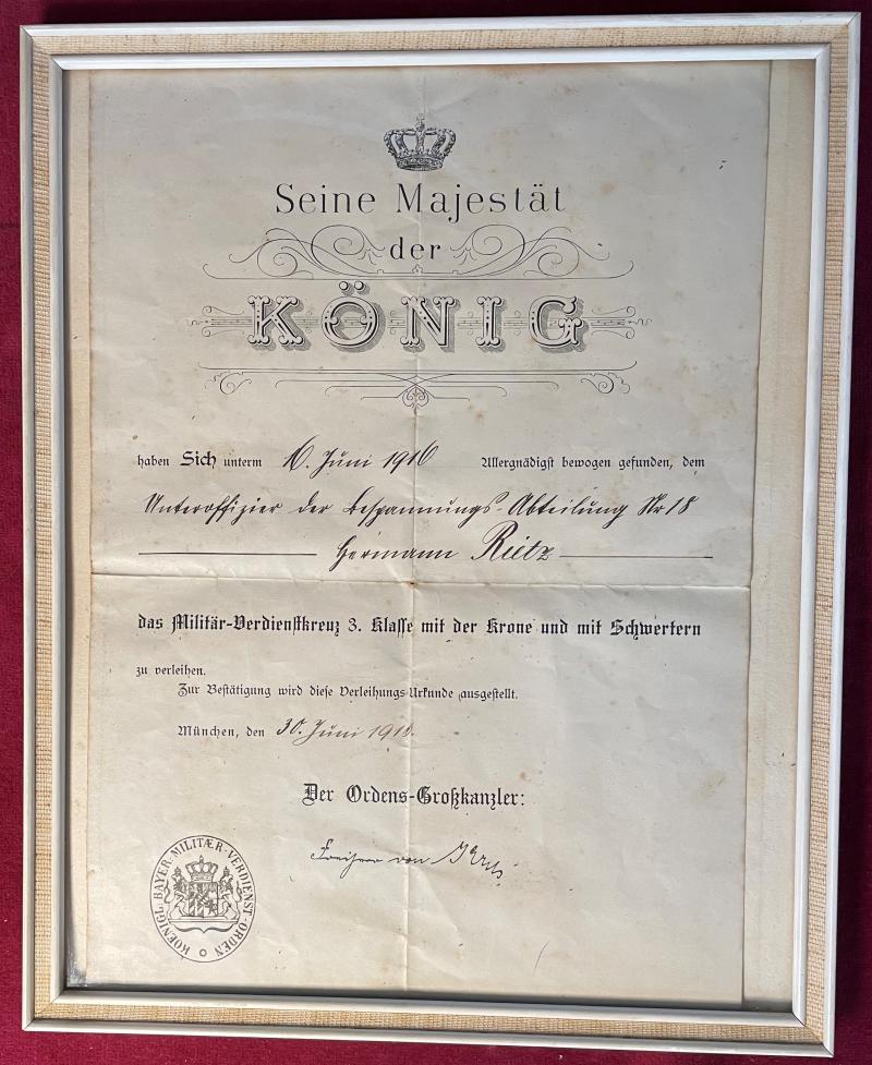 Kingdom Bavaria Award document for military honour cross 3. class with crown and swords