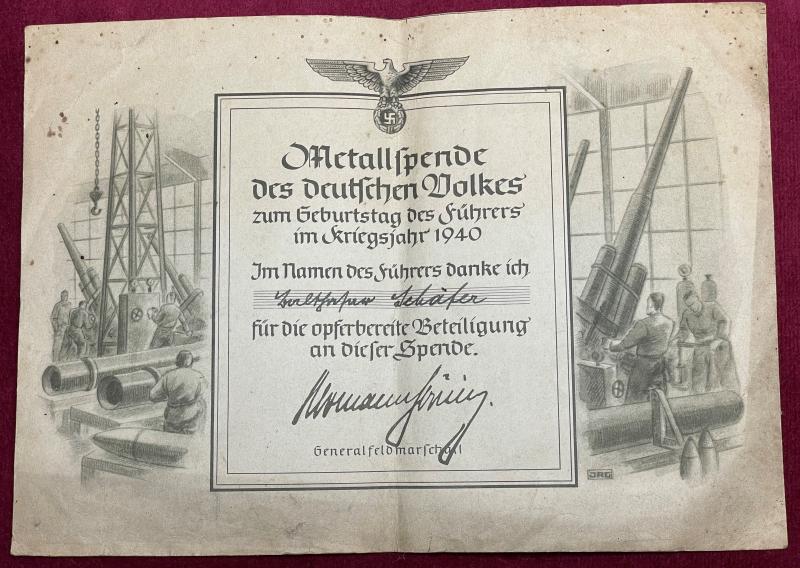 3rd Reich Urkunde Metallspende des deutschen Volkes