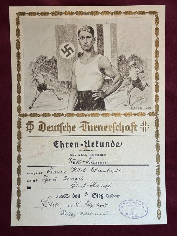 3rd Reich Deutsche Turnerschaft Ehren Urkunde