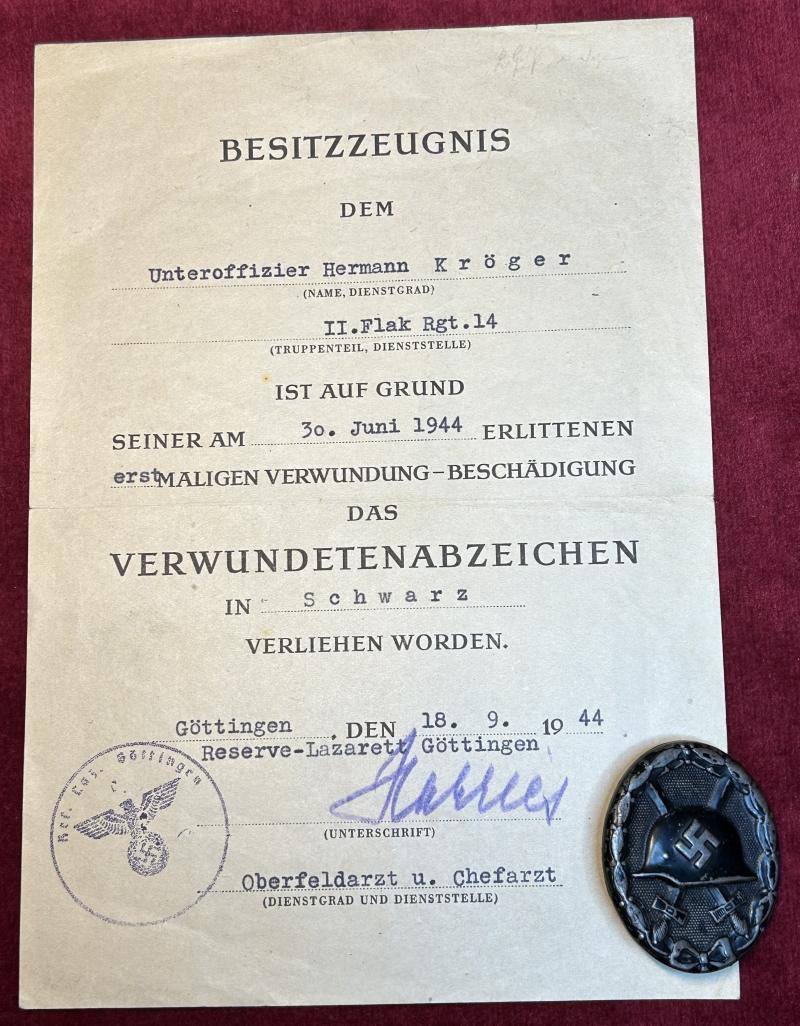 3rd Reich Besitzzeugnis und Verwundetenabzeichen 1939 im Schwarz