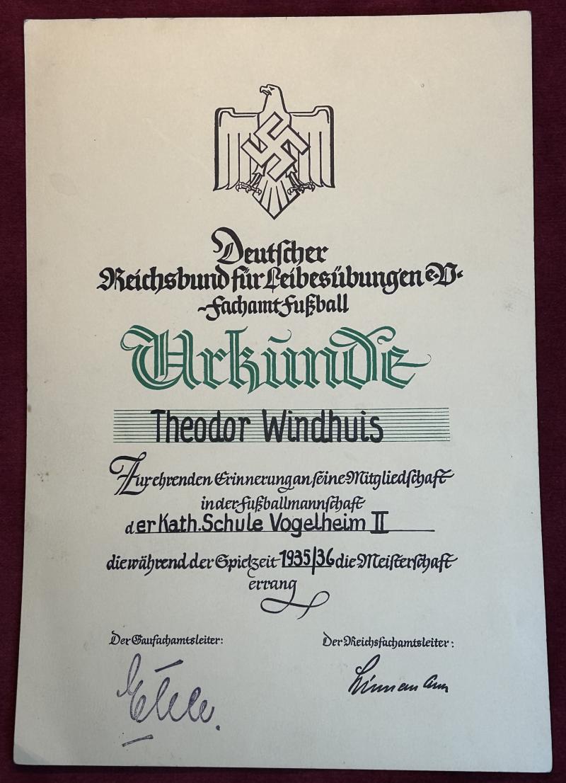 3rd Reich Urkunde mit Orginalunterschrift von DFB Präsident und SS-Standartenführer Felix Linneman