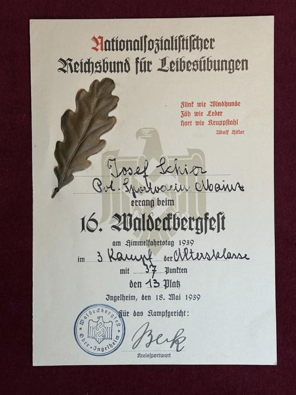 3rd Reich NSRL Siegerurkunde 16. Waldeckbergfest