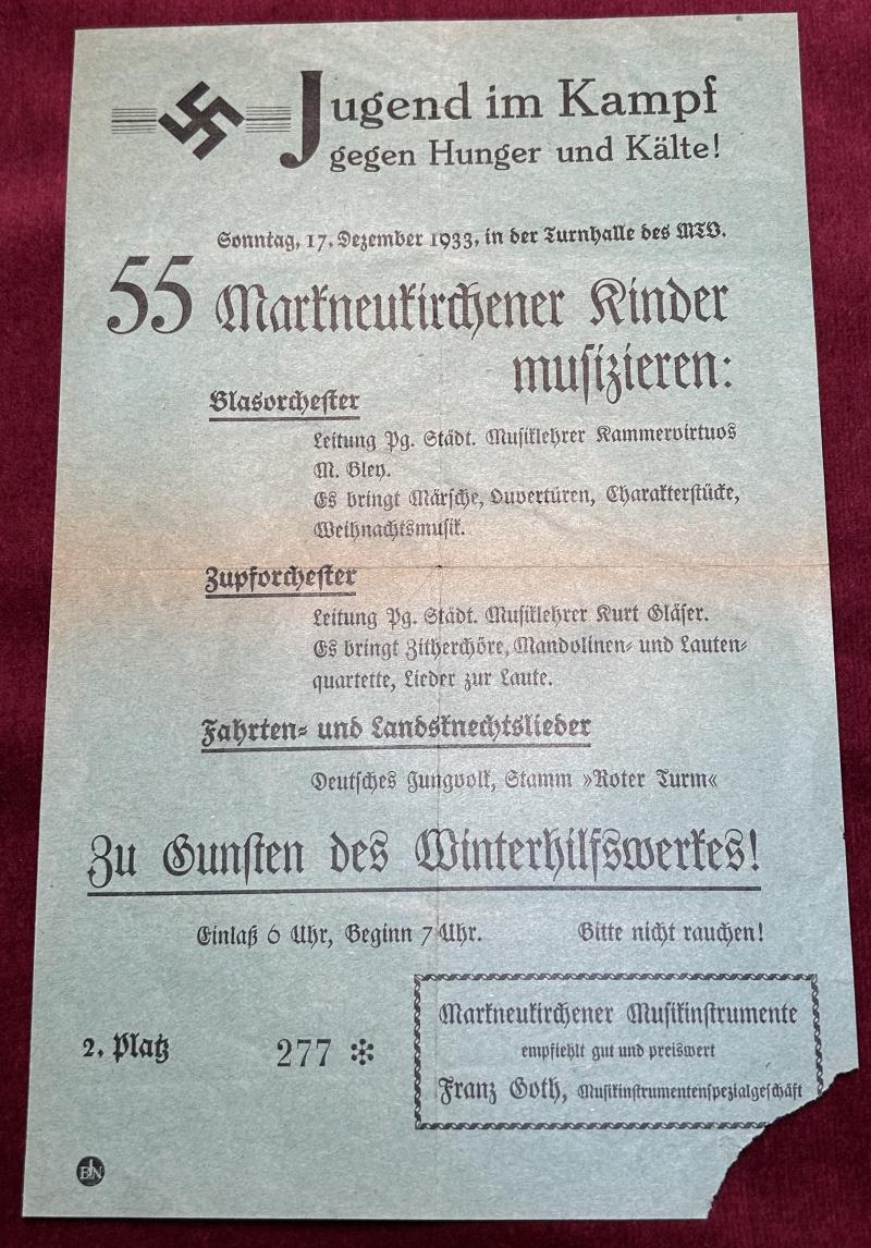 3rd Reich HJ Winterhilfswerk Eintrittskarte für ein Musik Nacht