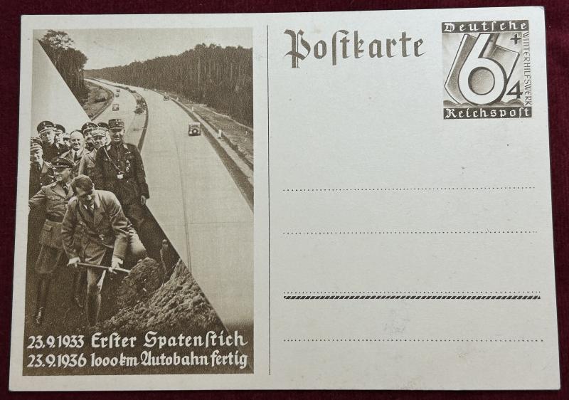 3rd Reich Postkarte Erster Spatenstich und 1000 Km Autobahn Fertig