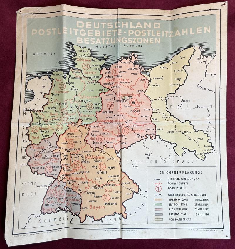 BRD Poster Deutsche Postleitgebiete, besetzte Nachkriegsgebiete 2. Weltkrieg