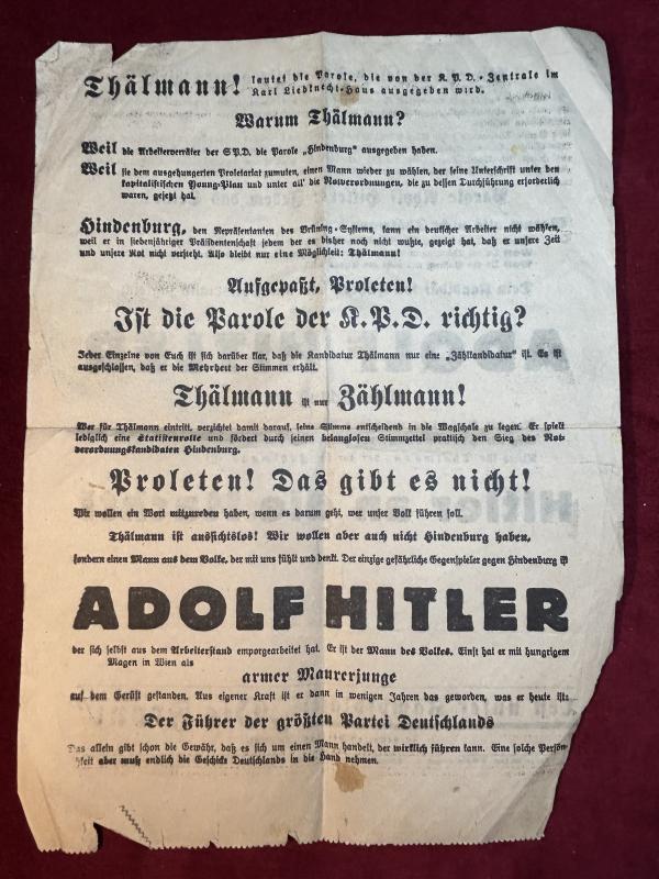 3rd Reich NSDAP Flugblatt zur Reichspräsidentschaftswahl