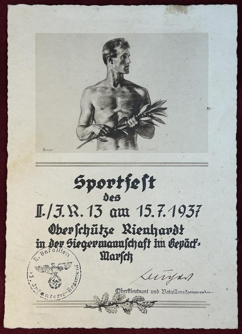 3rd Reich Sportfest des 2. Batallion, Infanterie-Regiment 13 Urkunde