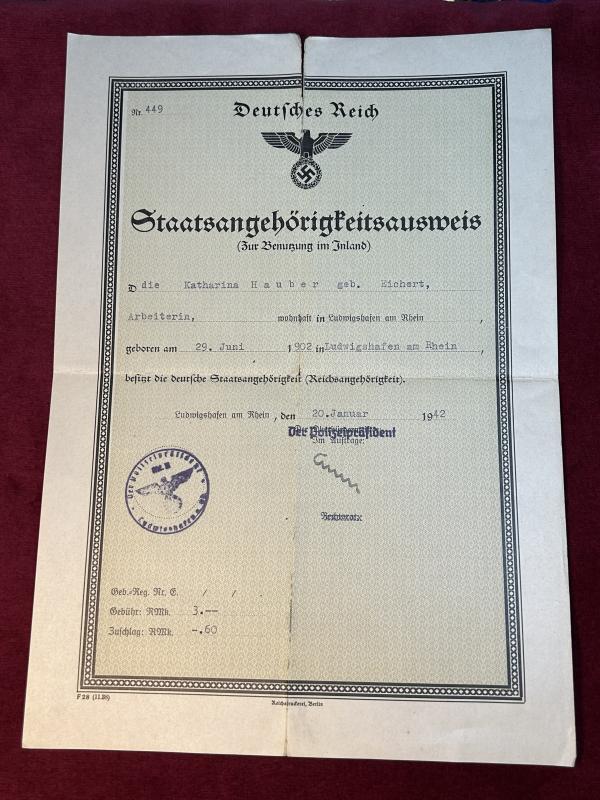 3rd Reich Staatsangehörigkeitsausweis Deutsche Reich