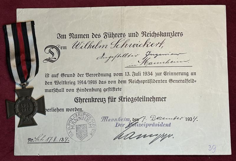 Deutsch Reich Ehrenkreuz für Kriegsteilnehmer und Urkunde