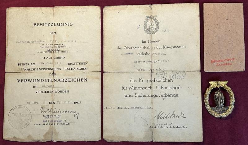 3rd Reich Kriegsmarine Minensucher-abzeichen und Urkunden