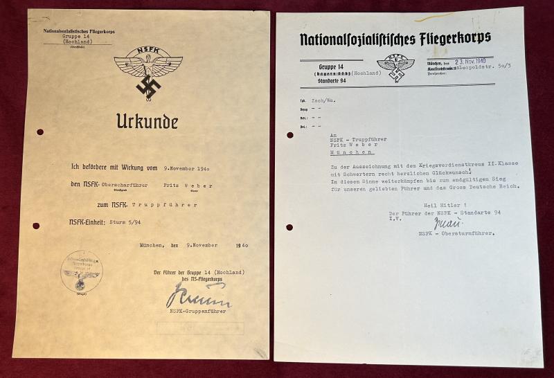 3rd Reich NSFK Urkunde und Glückwunschschreiben.