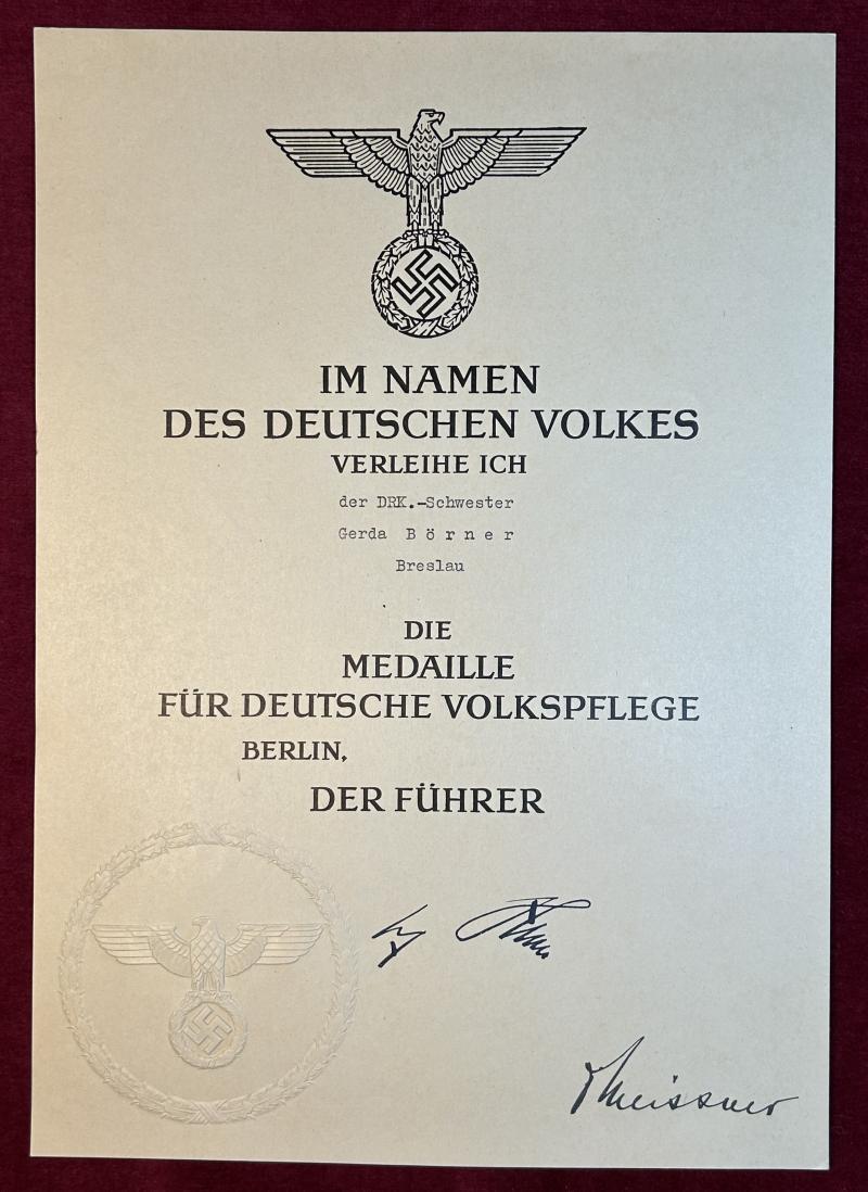 3rd Reich Urkunde Medaille für Deutsche Volkspflege