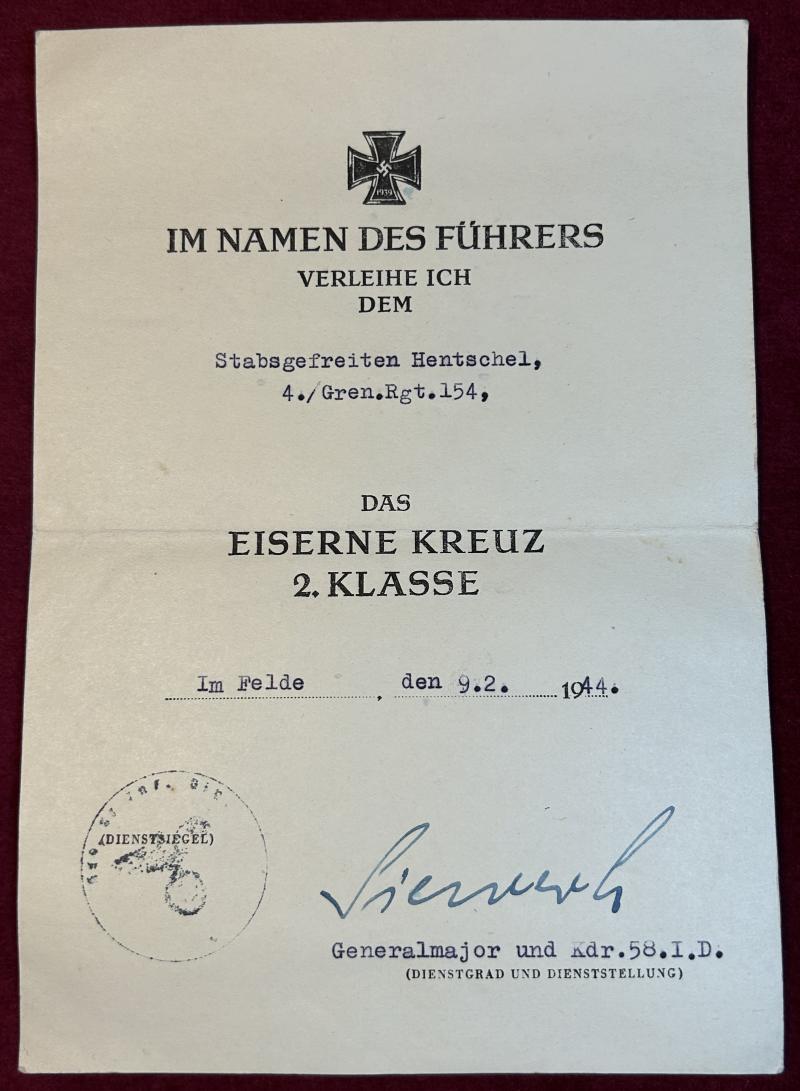 3rd Reich Verleihungsurkunde Eiserne Kreuz 2, Klasse
