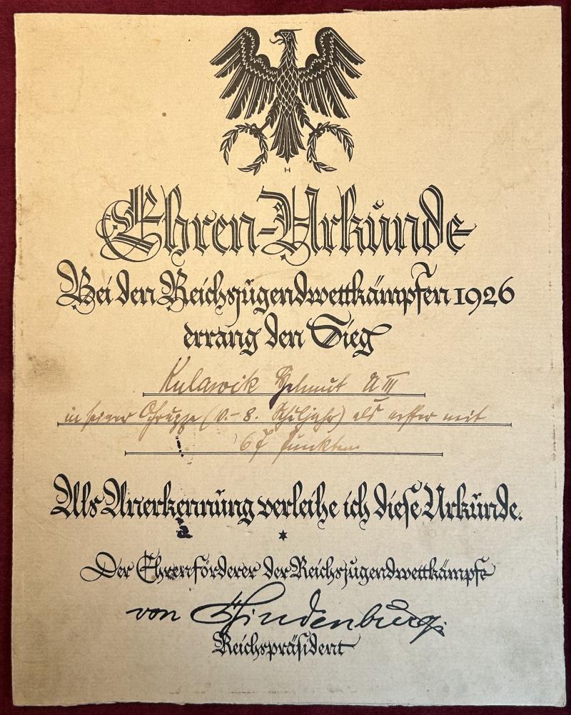 Deutsche Reich Ehren-Urkunde Reichsjägerwettkämpfen 1926