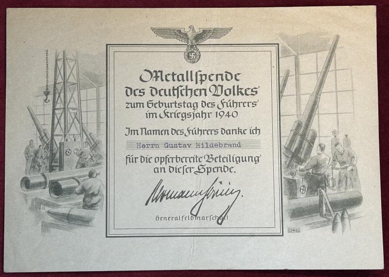 3rd Reich Urkunde Metallspende des deutschen Volkes