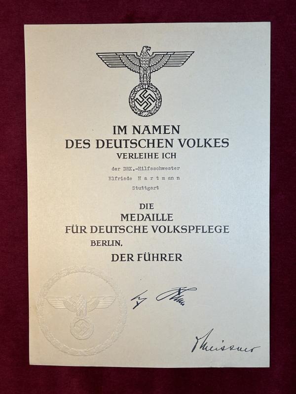 3rd Reich Verleihungsurkunde Medaille für Deutsche Volkspflege