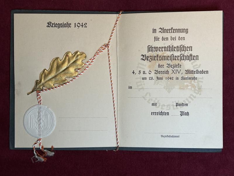 3rd Reich DRL Anerkennung Schwerathletischen Bezirksmeisterschaften Kriegsjahr 1942