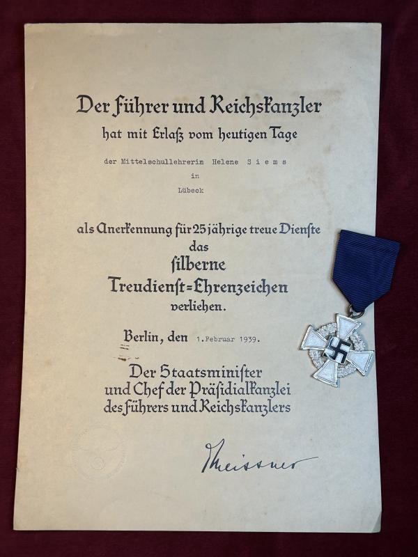 3rd Reich Treuedienst-Ehrenzeichen 2.Stufe für 25 Jahre & Urkunde
