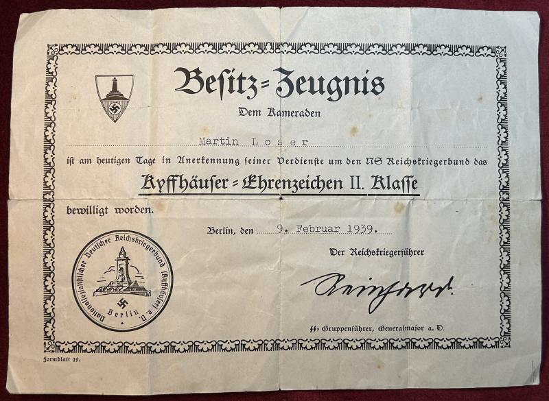 3rd Reich Besitz Zeugnis für das Kyffhäuser Ehrenzeichen 2.Klasse