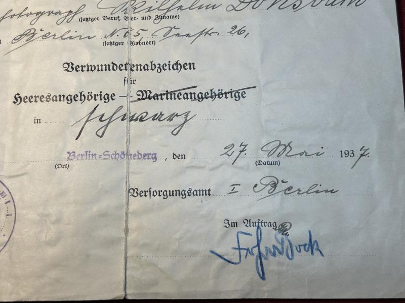3rd Reich Berechtigungsausweis Verwundetenabzeichen für Heeresangehörige in Schwarz (1937)