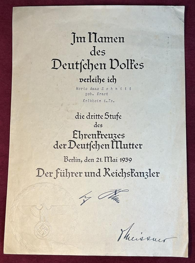 3rd Reich Verleihungsurkunde Ehrenkreuzes des Deutschen Mutter 3. Stufe