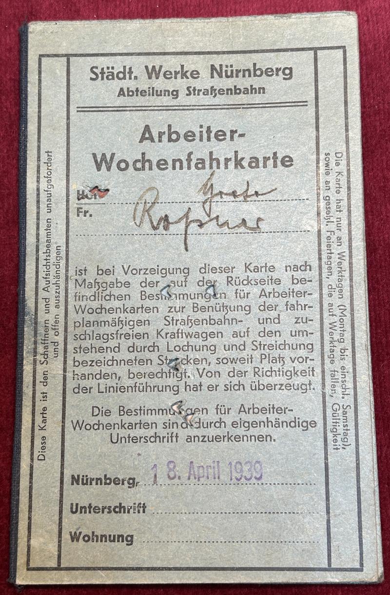 3rd Reich Arbeiterwochenfahrkarte Städt. Werke Nürnberg