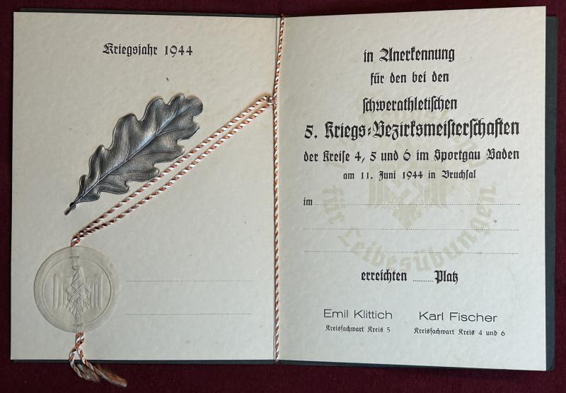 3rd Reich DRL Anerkennung Schwerathletischen Bezirksmeisterschaften Kriegsjahr 1944