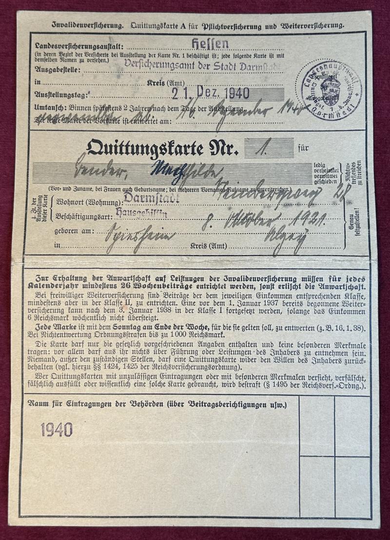 3rd Reich Invalidenversicherung Quittungskarte A (1940)