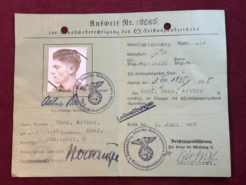 3rd Reich Hitlerjugend Abnahmeberechtigungsausweis
