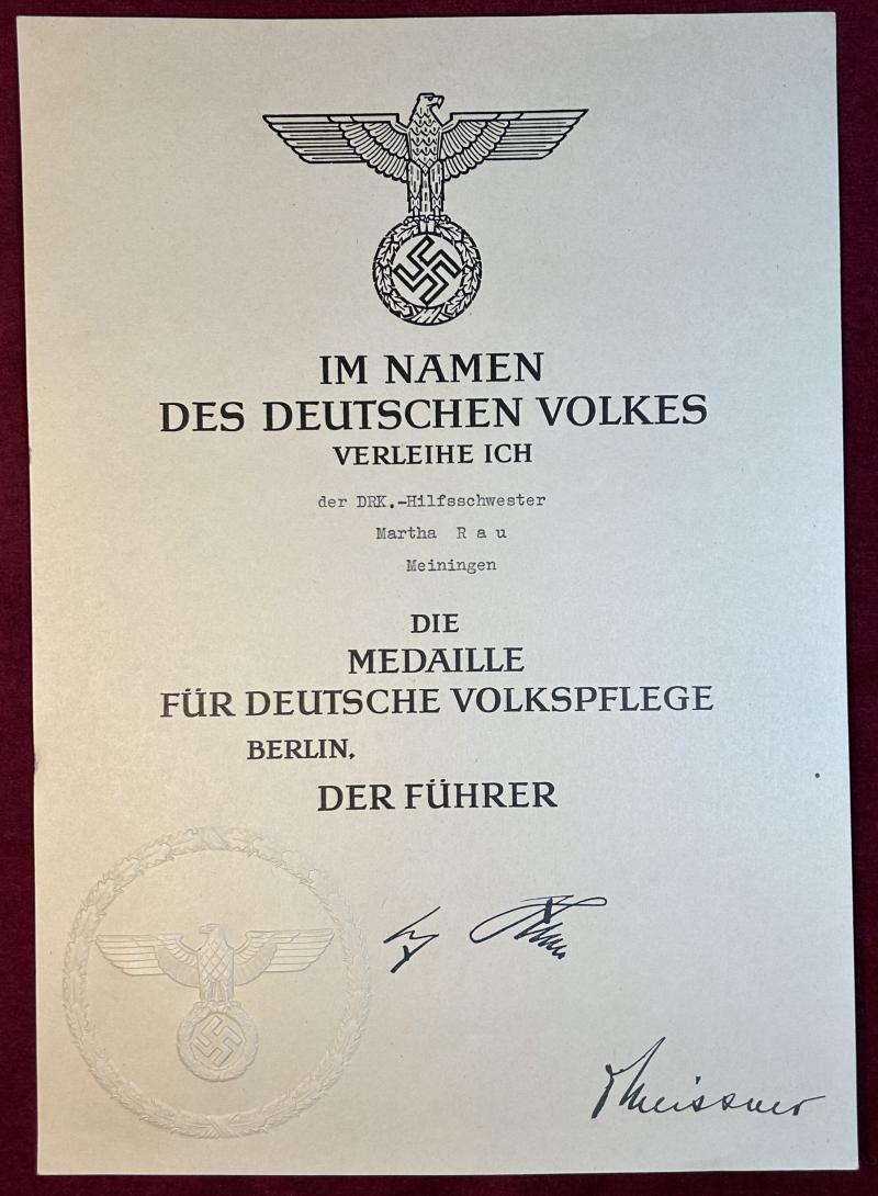3rd Reich Verleihungsurkunde Medaille für Deutsche Volkspflege