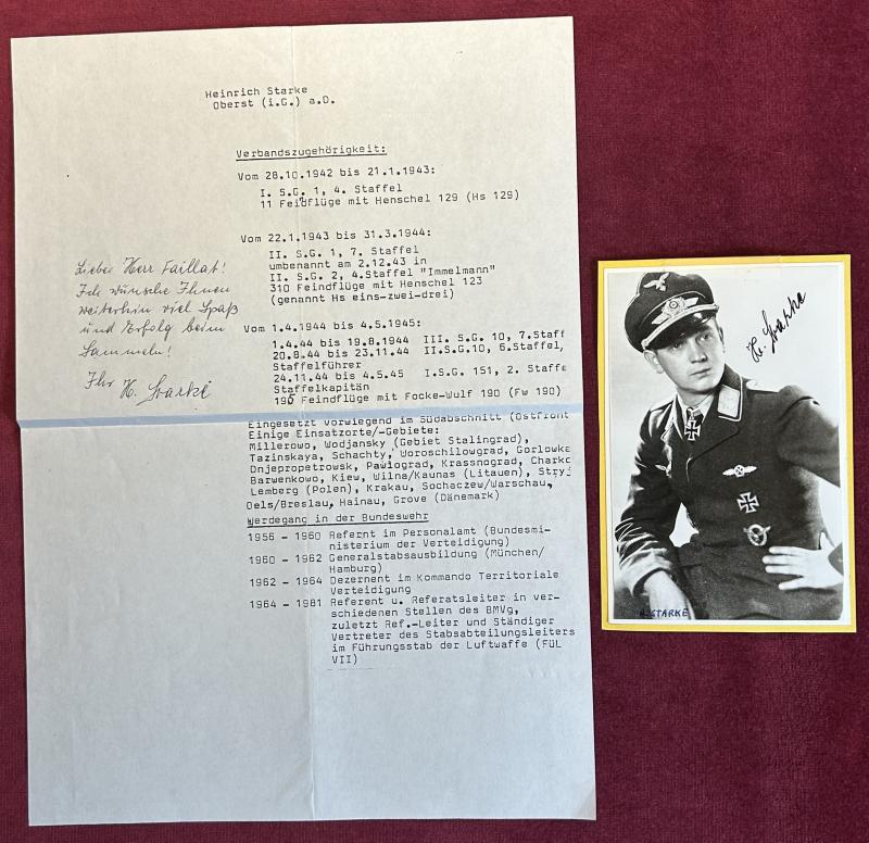 3rd Reich Luftwaffe RKT Heinrich Starke Oberst. (Nachkrieg) Unterschrift und Foto