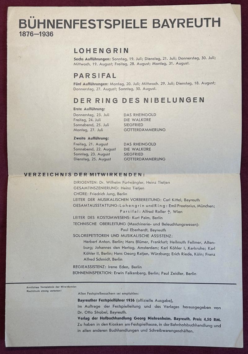 3rd Reich Flugblatt zur Bühnenfestspiele Bayreuth (Wagner 1936)