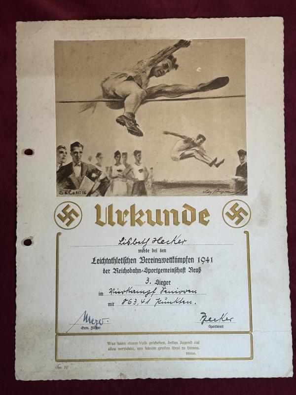 3rd Reich Reichsbahn Urkunden Sportgemeinschaft Neuss