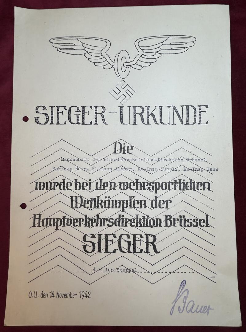 3rd Reich DR Sieger-Urkunde Brüssel